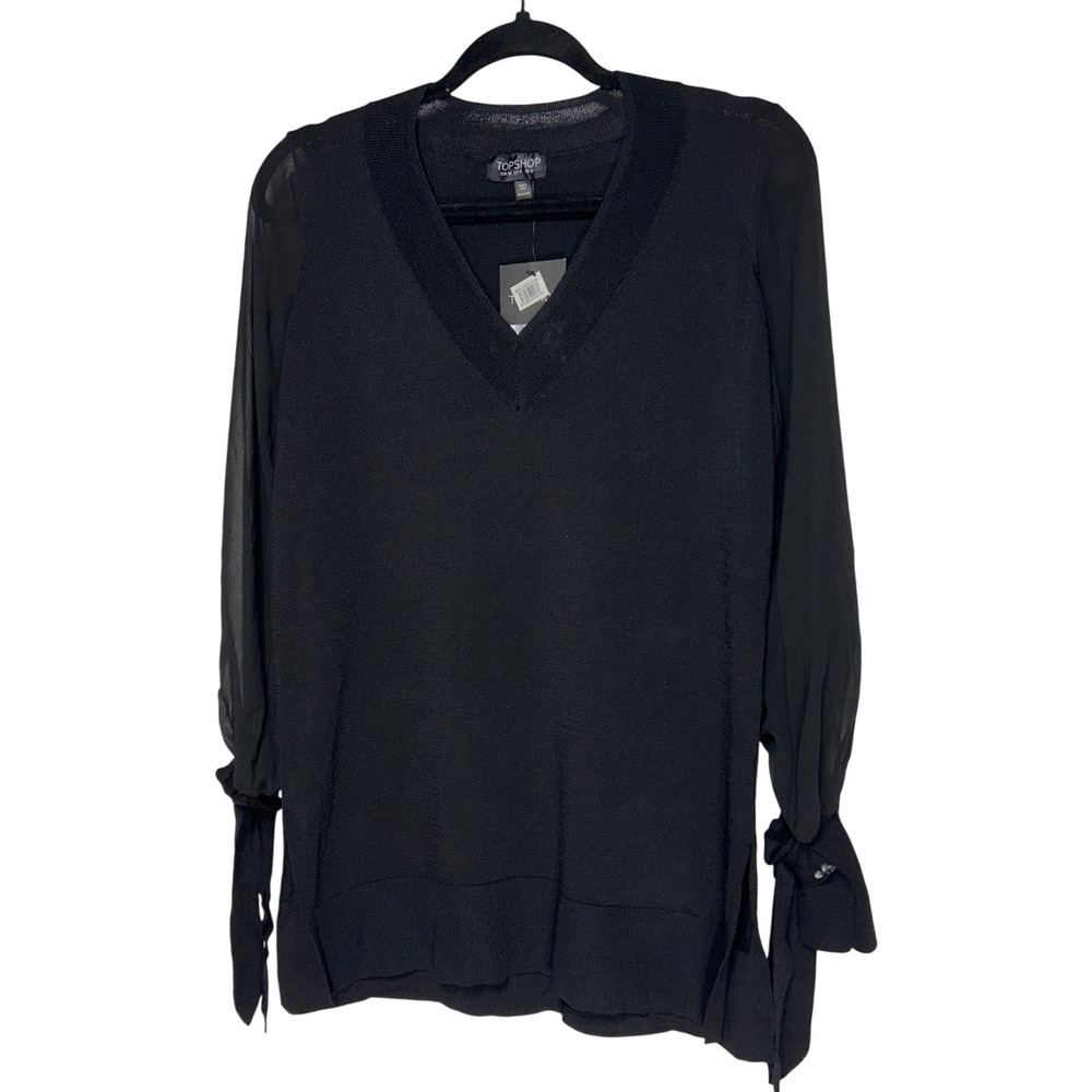 Topshop V-Neck Tie Cuff Sheer Sleeve Top Black Size US‎ 4 Retail: $68 NWT